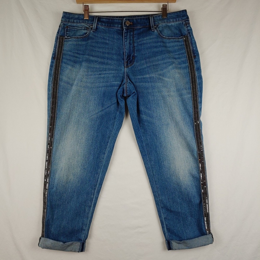 White House Black Market Jeans Womens 12S Blue Girlfriend Tuxedo Stripe Denim